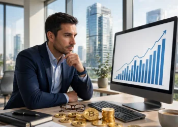 A fund manager reviewing Bitcoin ETF inflows on a screen showing a rising chart beside gold Bitcoin coins in bright morning light.