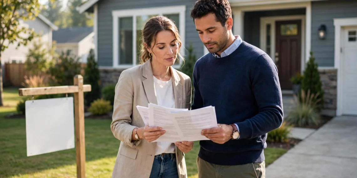 A couple reviewing documents in front of a suburban home with a blank yard sign, showing pending home sales at a record low in bright morning light.