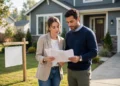A couple reviewing documents in front of a suburban home with a blank yard sign, showing pending home sales at a record low in bright morning light.