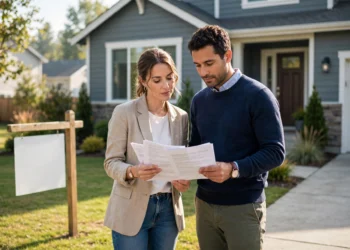 A couple reviewing documents in front of a suburban home with a blank yard sign, showing pending home sales at a record low in bright morning light.