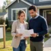 A couple reviewing documents in front of a suburban home with a blank yard sign, showing pending home sales at a record low in bright morning light.