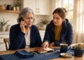 A grandmother holding a phone at a kitchen table while her daughter points to a notebook, showing how to stop an AI voice scam.