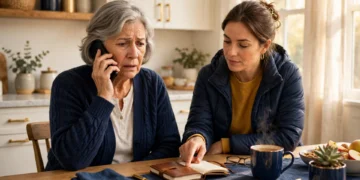 A grandmother holding a phone at a kitchen table while her daughter points to a notebook, showing how to stop an AI voice scam.