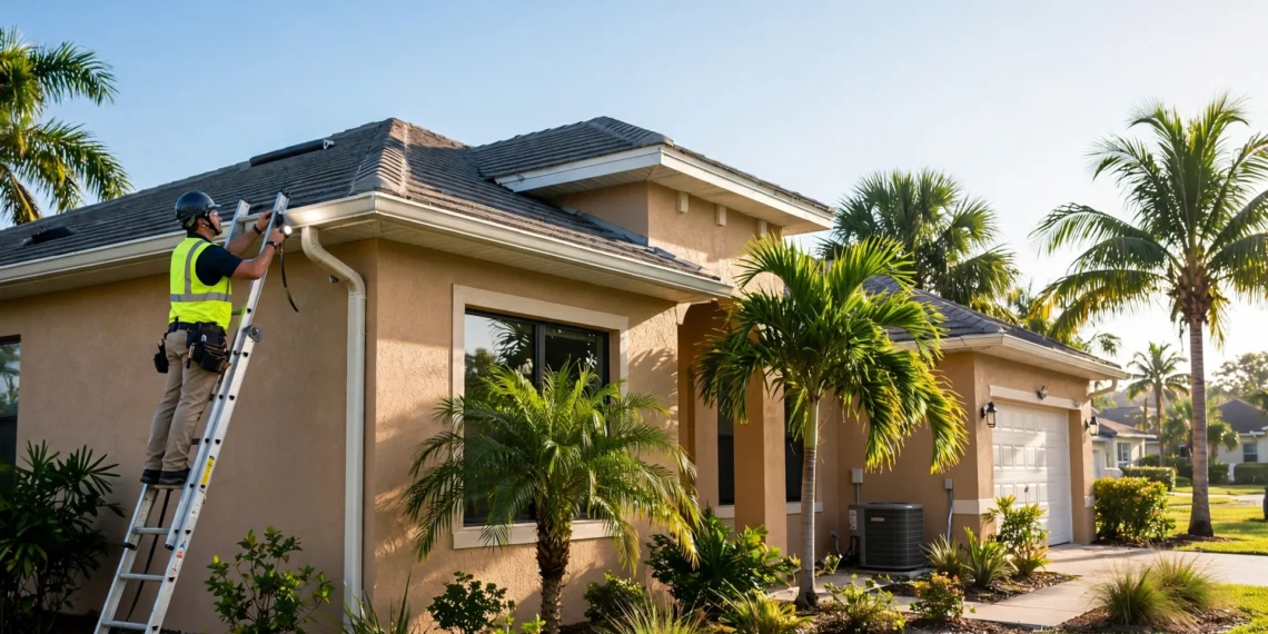 An inspector checking the roof and impact windows of a Florida home with palm trees, showing wind mitigation Florida credits at work.