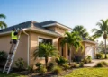 An inspector checking the roof and impact windows of a Florida home with palm trees, showing wind mitigation Florida credits at work.