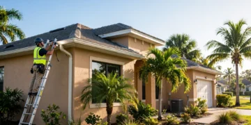 An inspector checking the roof and impact windows of a Florida home with palm trees, showing wind mitigation Florida credits at work.