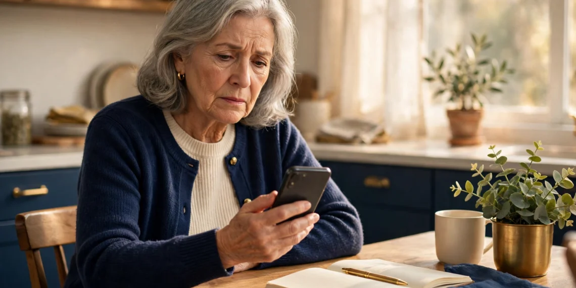 A senior woman holding a phone at a kitchen table beside a Medicare card and a notebook, learning how to spot a medicare scam.