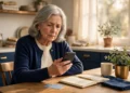 A senior woman holding a phone at a kitchen table beside a Medicare card and a notebook, learning how to spot a medicare scam.