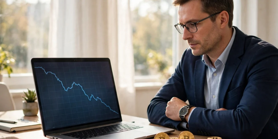 An investor reviewing Bitcoin ETF outflows on a screen showing a falling chart beside gold Bitcoin coins in bright morning light.