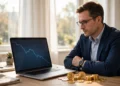 An investor reviewing Bitcoin ETF outflows on a screen showing a falling chart beside gold Bitcoin coins in bright morning light.