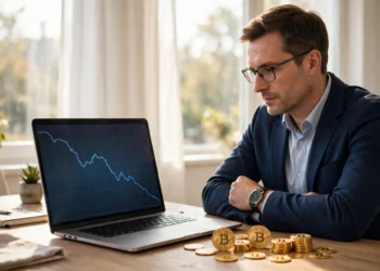 An investor reviewing Bitcoin ETF outflows on a screen showing a falling chart beside gold Bitcoin coins in bright morning light.