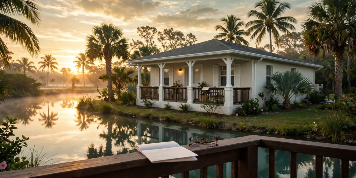 A Florida home beside a calm canal at sunrise with palm trees and a flood insurance document on the porch, showing flood insurance Florida cost in plain terms.