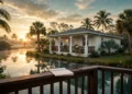 A Florida home beside a calm canal at sunrise with palm trees and a flood insurance document on the porch, showing flood insurance Florida cost in plain terms.