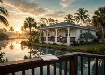A Florida home beside a calm canal at sunrise with palm trees and a flood insurance document on the porch, showing flood insurance Florida cost in plain terms.