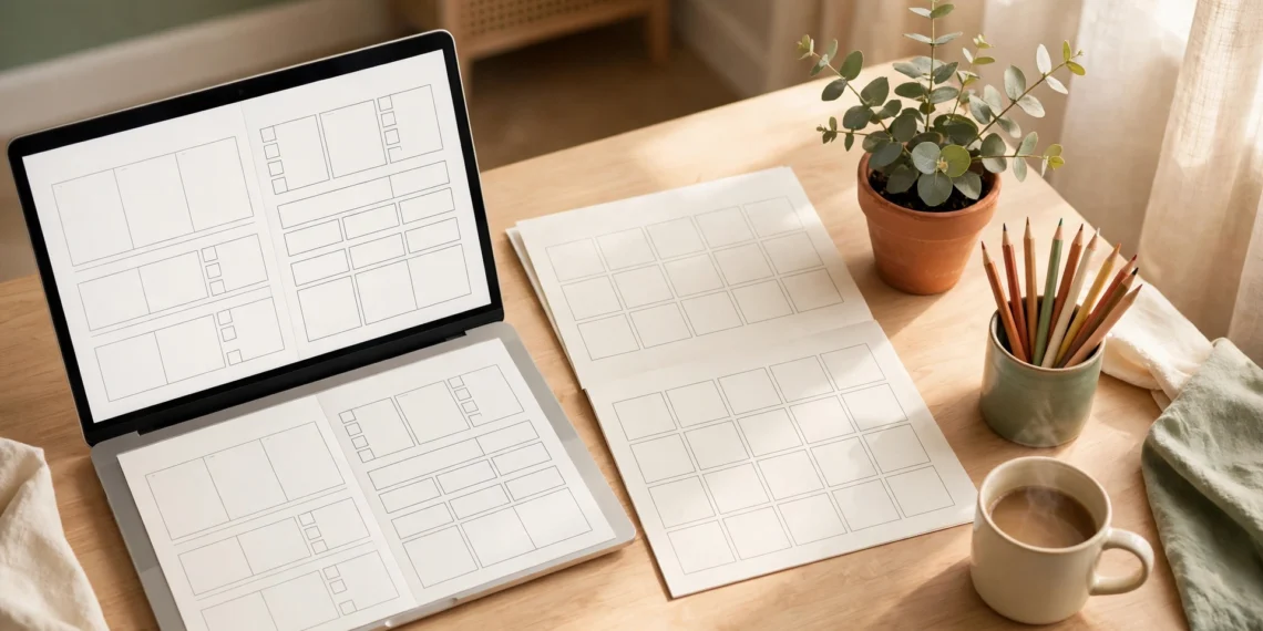 A bright desk with a laptop showing planner pages and printed sheets beside it showing how to sell printables on Etsy in warm natural light