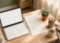 A bright desk with a laptop showing planner pages and printed sheets beside it showing how to sell printables on Etsy in warm natural light