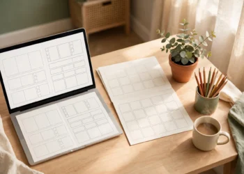 A bright desk with a laptop showing planner pages and printed sheets beside it showing how to sell printables on Etsy in warm natural light