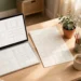 A bright desk with a laptop showing planner pages and printed sheets beside it showing how to sell printables on Etsy in warm natural light