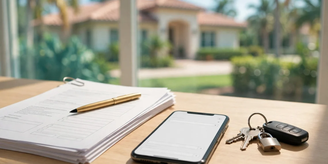 House keys and closing documents beside a phone on a bright desk, showing wire fraud real estate risk at closing.