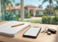 House keys and closing documents beside a phone on a bright desk, showing wire fraud real estate risk at closing.