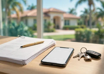 House keys and closing documents beside a phone on a bright desk, showing wire fraud real estate risk at closing.