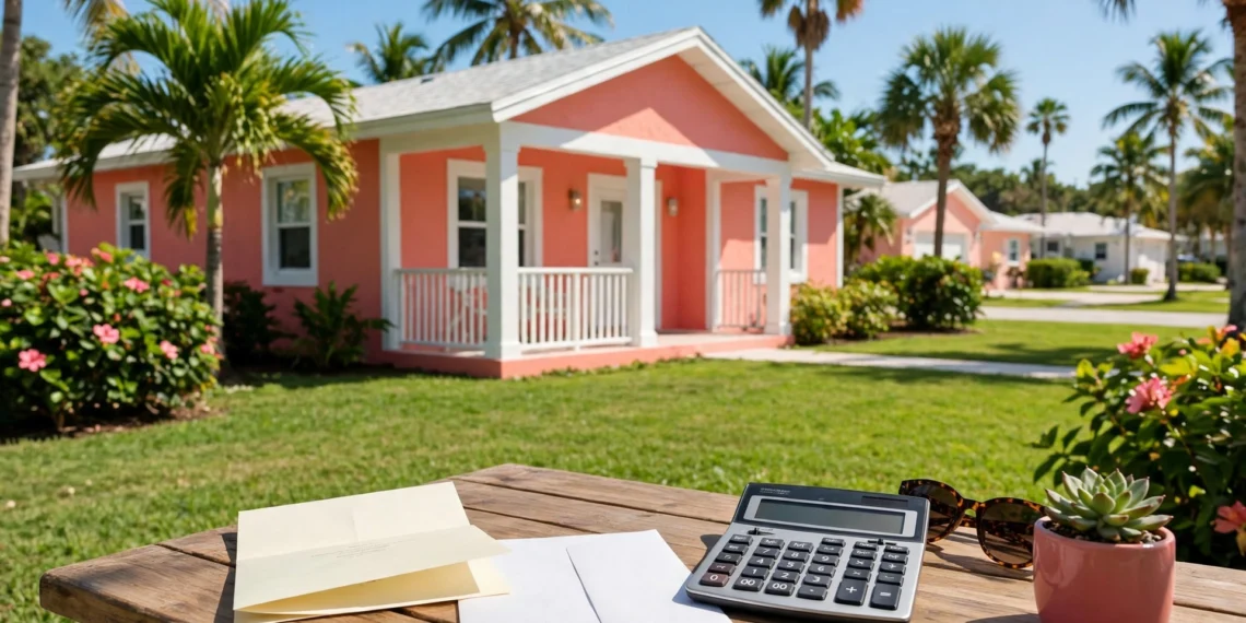 A bright coral and white Florida home with palm trees and a renewal letter and calculator on the porch, showing florida homeowners insurance rates in daylight.