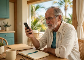 An older man holding a phone at a bright kitchen table beside a government envelope and a notebook, showing how a social security scam call arrives at home.
