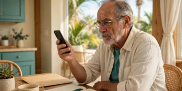An older man holding a phone at a bright kitchen table beside a government envelope and a notebook, showing how a social security scam call arrives at home.