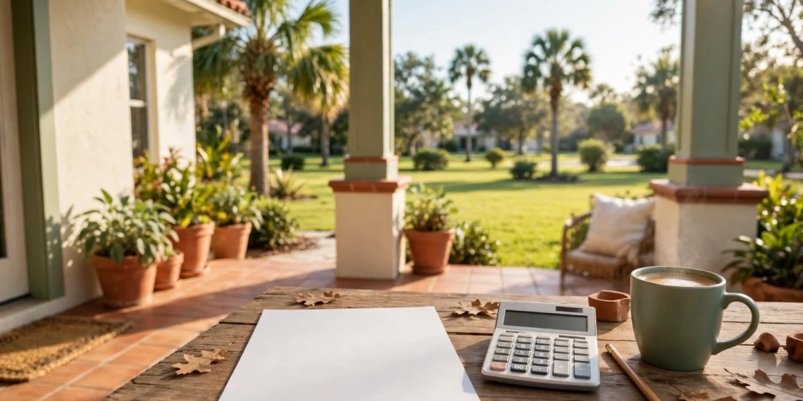 A sunlit Florida porch with a tax bill and calculator on a wooden table, showing a florida amendment 3 calculator at work in warm daylight.