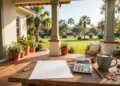A sunlit Florida porch with a tax bill and calculator on a wooden table, showing a florida amendment 3 calculator at work in warm daylight.