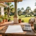 A sunlit Florida porch with a tax bill and calculator on a wooden table, showing a florida amendment 3 calculator at work in warm daylight.