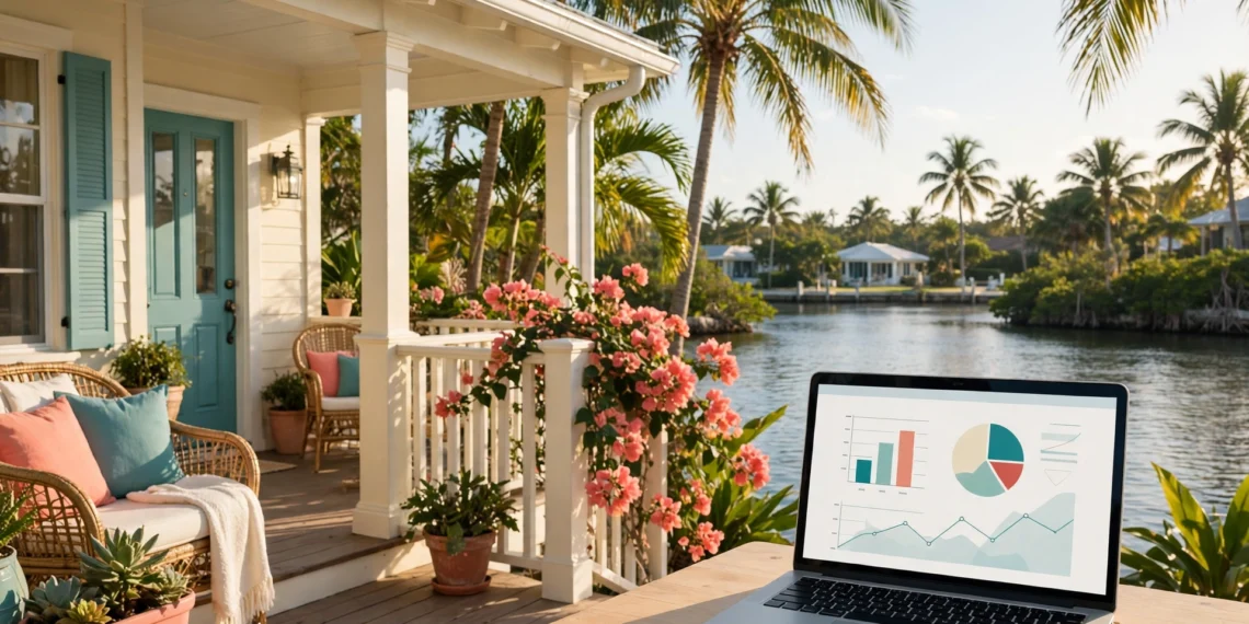 A bright Florida home with a laptop on the porch showing a flood insurance online quote beside palm trees and calm water in warm daylight.