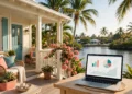 A bright Florida home with a laptop on the porch showing a flood insurance online quote beside palm trees and calm water in warm daylight.