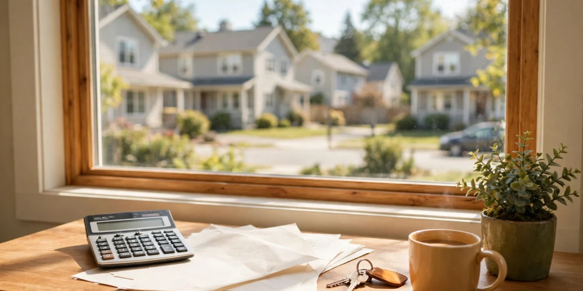 A sunlit home office desk with a calculator and documents and house keys, showing the fed rate decision today in warm daylight.