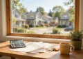 A sunlit home office desk with a calculator and documents and house keys, showing the fed rate decision today in warm daylight.