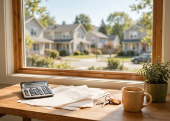 A sunlit home office desk with a calculator and documents and house keys, showing the fed rate decision today in warm daylight.