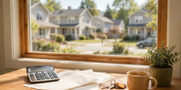 A sunlit home office desk with a calculator and documents and house keys, showing the fed rate decision today in warm daylight.