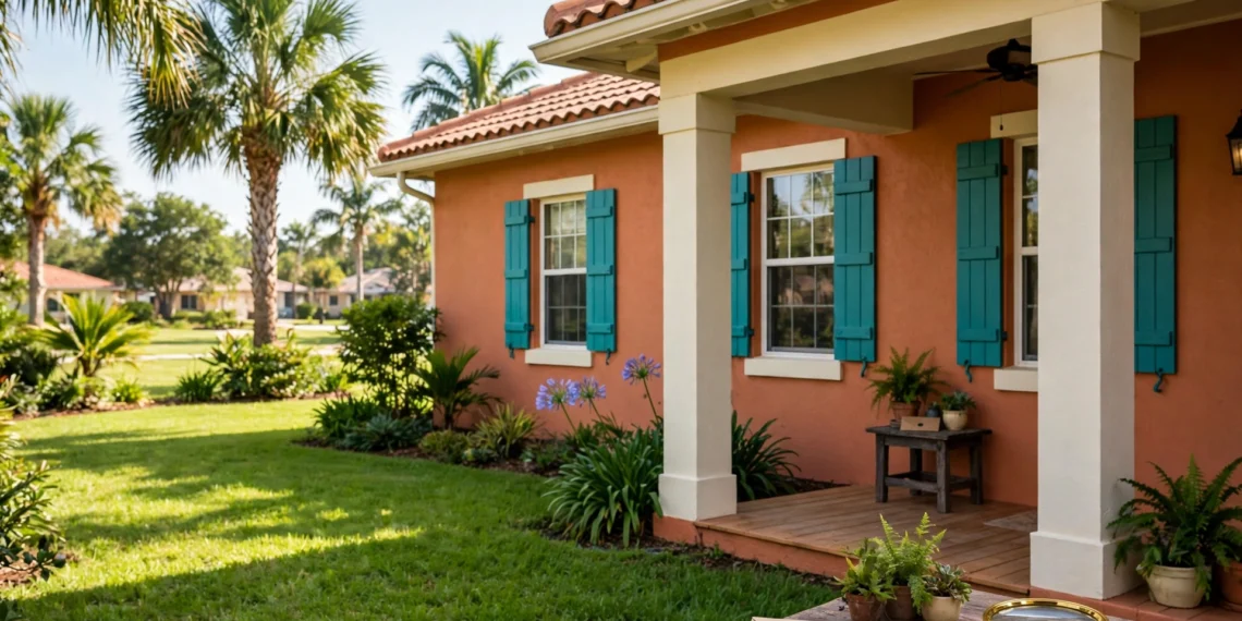A warm terracotta Florida home with teal shutters and a deed envelope and house keys on the porch, showing home title theft protection at home.