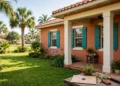 A warm terracotta Florida home with teal shutters and a deed envelope and house keys on the porch, showing home title theft protection at home.