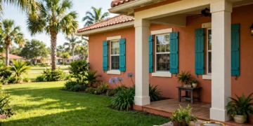 A warm terracotta Florida home with teal shutters and a deed envelope and house keys on the porch, showing home title theft protection at home.