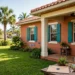 A warm terracotta Florida home with teal shutters and a deed envelope and house keys on the porch, showing home title theft protection at home.