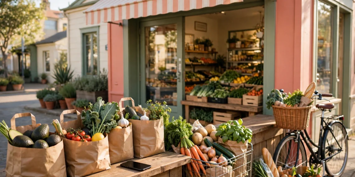 A bright grocery storefront with paper bags and fresh produce on a delivery cart, showing DoorDash buys Instacart changing local delivery work.