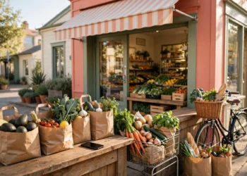 A bright grocery storefront with paper bags and fresh produce on a delivery cart, showing DoorDash buys Instacart changing local delivery work.