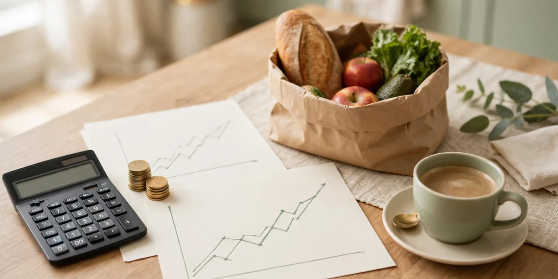 A bright kitchen table with a calculator and a grocery bag and coins and blank charts, showing PCE inflation and household budget pressure at home.