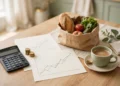 A bright kitchen table with a calculator and a grocery bag and coins and blank charts, showing PCE inflation and household budget pressure at home.