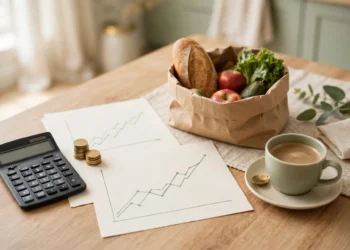 A bright kitchen table with a calculator and a grocery bag and coins and blank charts, showing PCE inflation and household budget pressure at home.