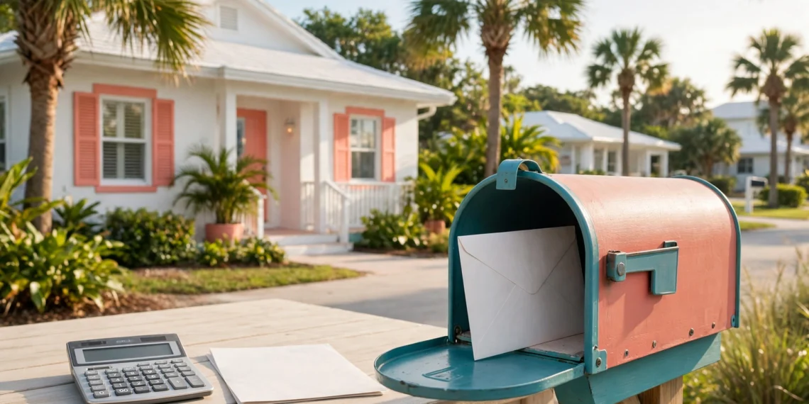 A bright coastal Florida home with palm trees and a mailbox holding a ballot envelope, showing florida amendment 3 pros and cons at voting time.