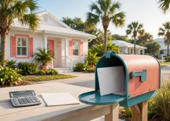 A bright coastal Florida home with palm trees and a mailbox holding a ballot envelope, showing florida amendment 3 pros and cons at voting time.