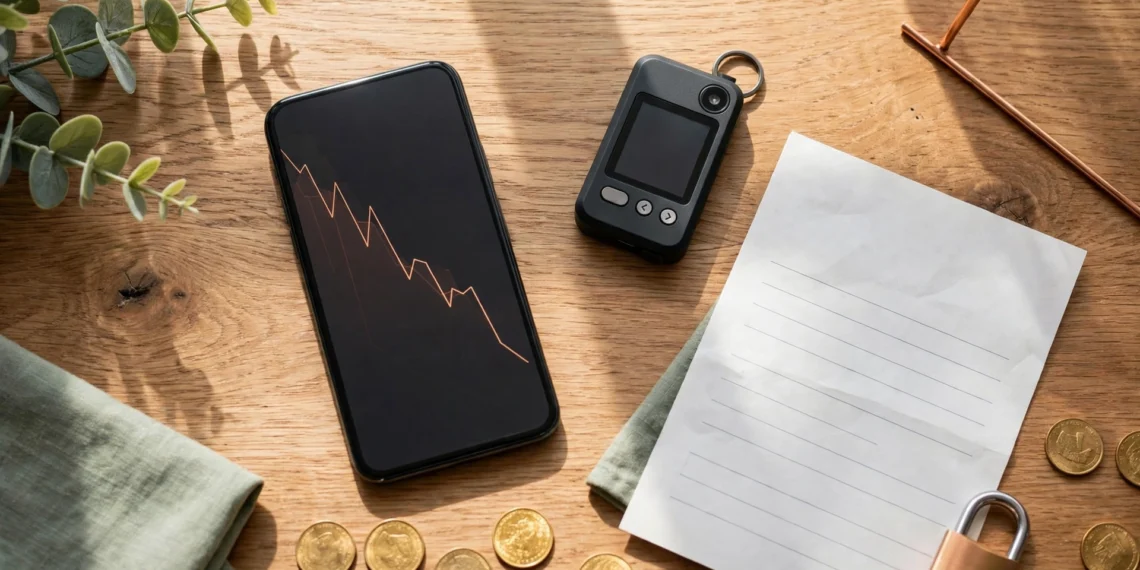 A wooden desk with a phone and a hardware wallet and gold coins in warm copper light, showing the Binance hack and why custody matters.