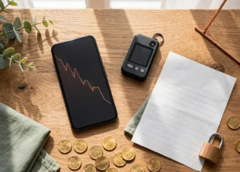A wooden desk with a phone and a hardware wallet and gold coins in warm copper light, showing the Binance hack and why custody matters.